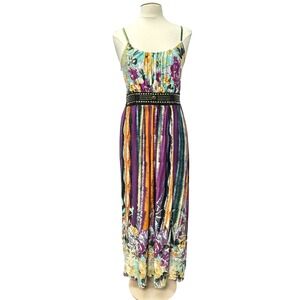 Magic Womens Boho Floral Abstract Studded Waist Maxi Sun Dress Large Festival